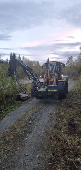 Gul gravemaskin på skogesvei