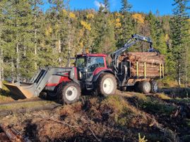 Rød gravemaskin med tømmer på tilhenger